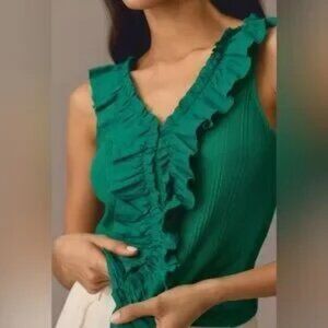 Anthropologie Pilcro Green Ruffled Sleeveless Top Size LARGE
